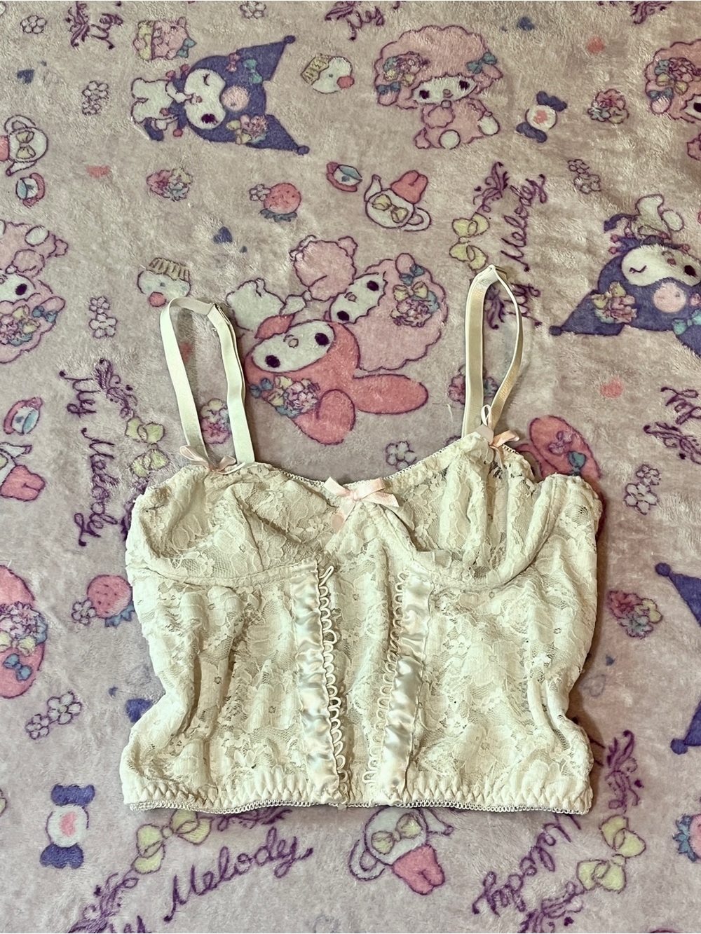 White Lace Crop Top With Pastel Pink Bows